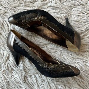 El Vaquero Comics Vintage Metallic Silver Black Snake Embossed Leather Heel 36.5